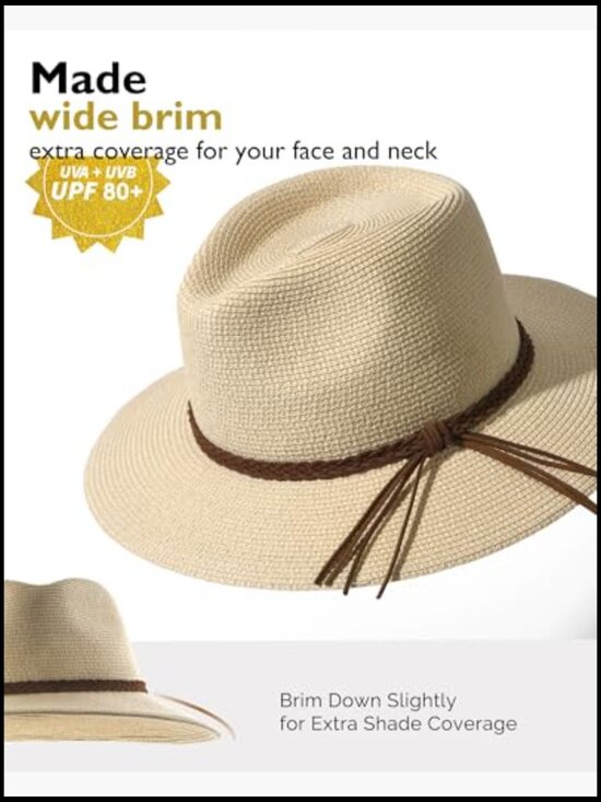 Wide Brim Straw Fedora Hat Foldable Packable UPF 80+ Summer Beach Sun Protection main image 6